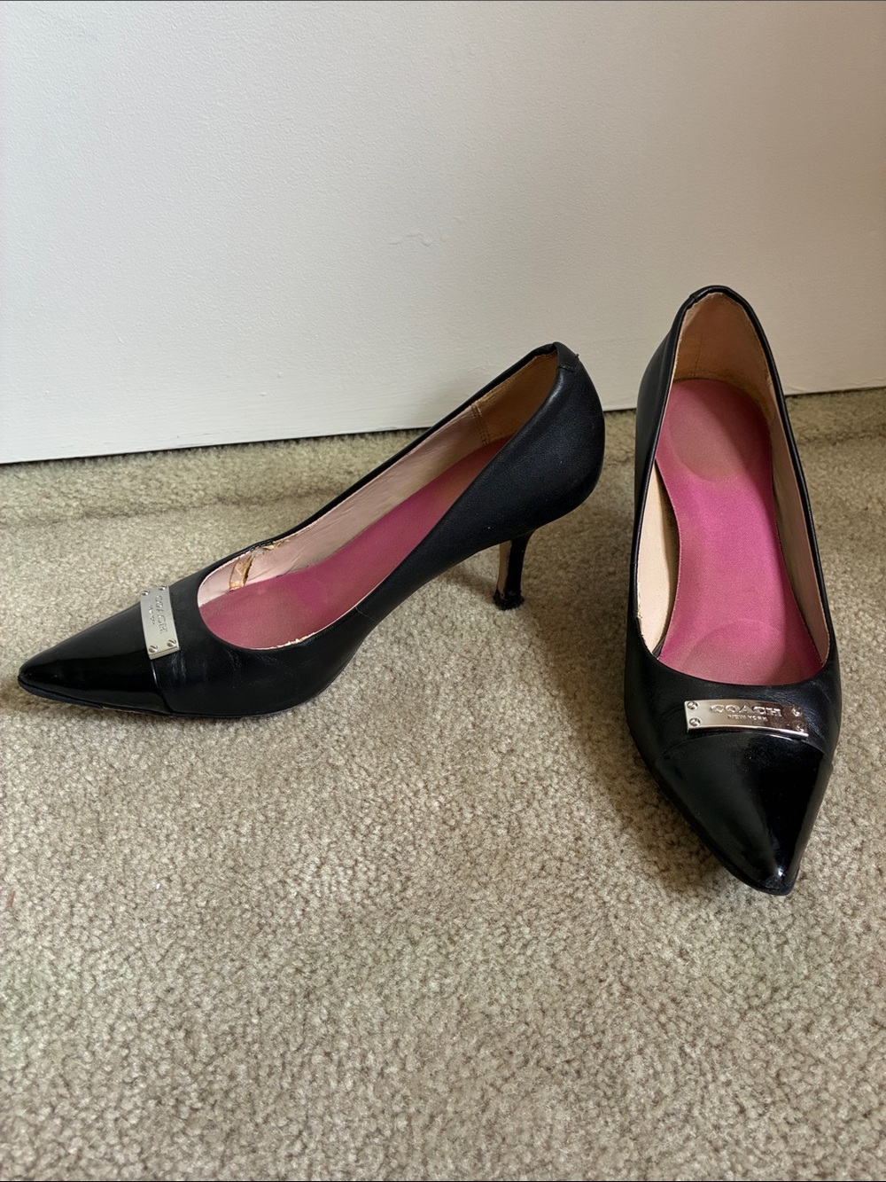 Coach Black Pointed-Toe Pumps with Pink Insole and Silver Accent